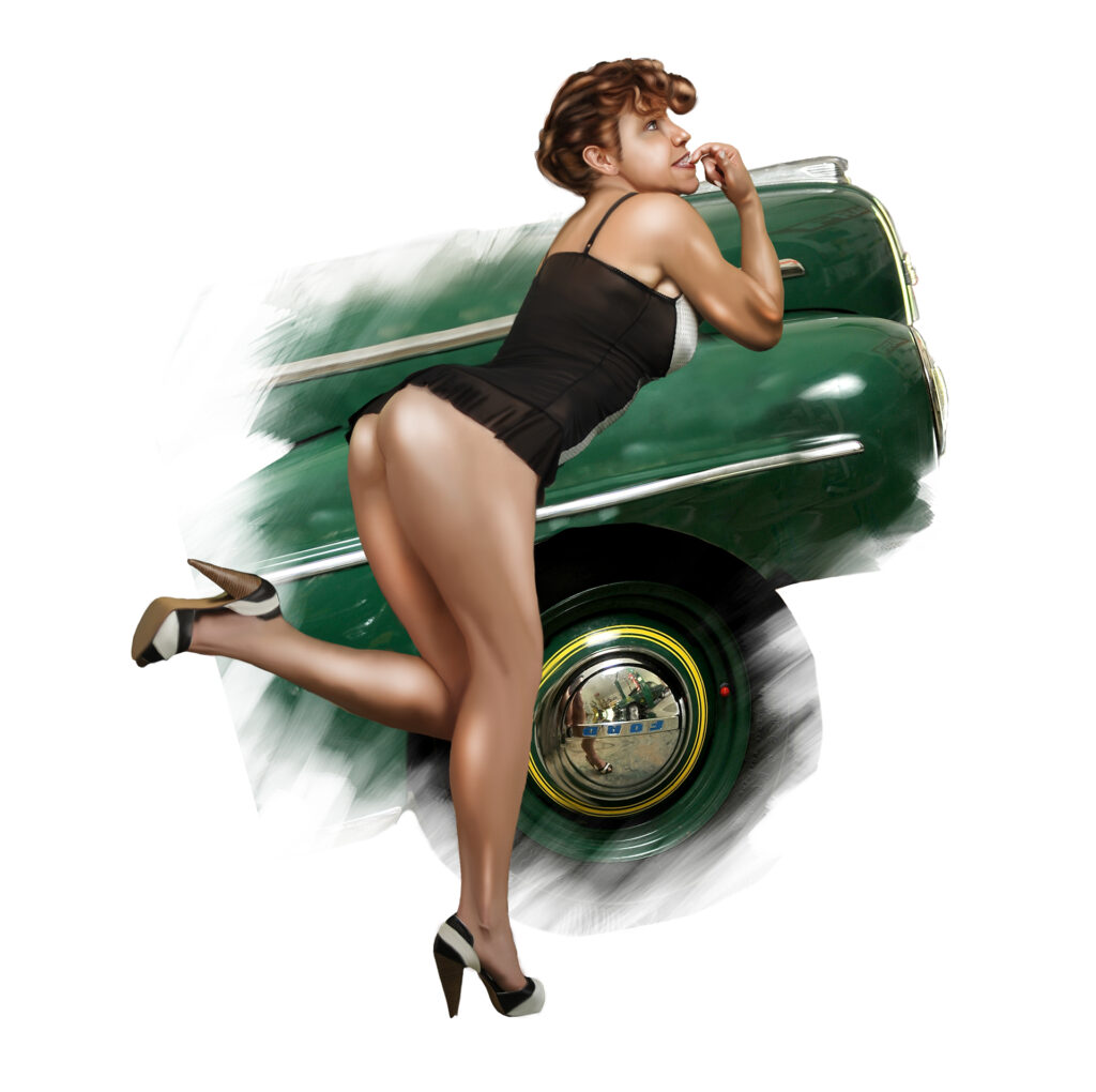Woman posing beside vintage green car